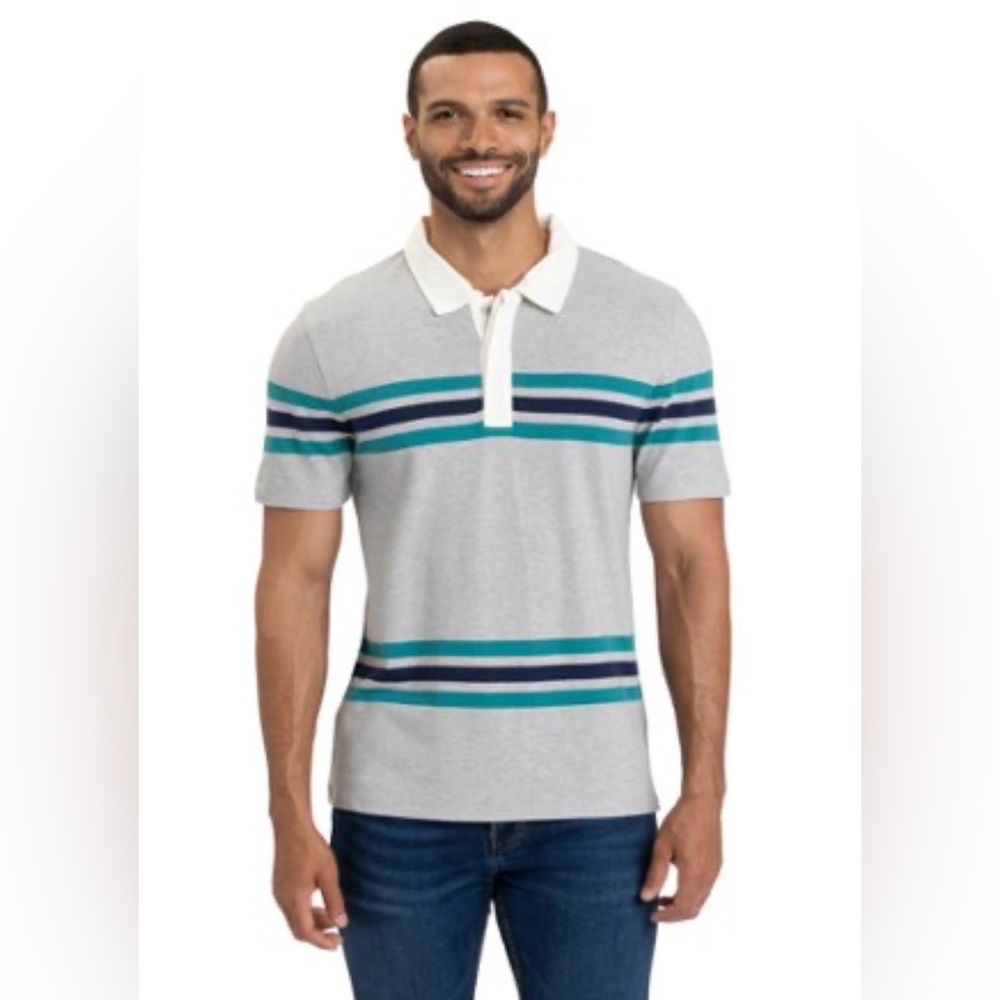Threads 4 Thought Ashby Pique Striped Polo Shirt Heather Gray Stripe Mens M NWT‎